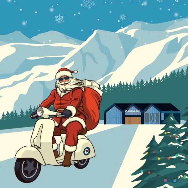 santa on moped portrayed in colourful cartoon form